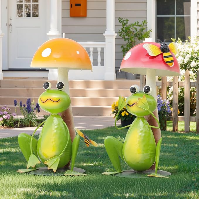 15.3" Large Frog Decor Set of 2, Handcrafted 3D Lifelike Metal Frog with Mushroom Sculpture, Outdoor Yard Art for Garden, Lawn & Home, Ideal Gift for Friends for Birthday Day & Housewarming