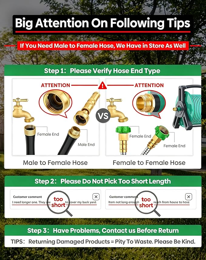 Short Metal Garden Hose 3 ft with Female to Female Connector， Stainless Steel Small Leader Hose for Hose Reel, Long, Flexible, Lightweight & Heavy Duty Water Pipe, Outdoor Water Hose Extension Adapter