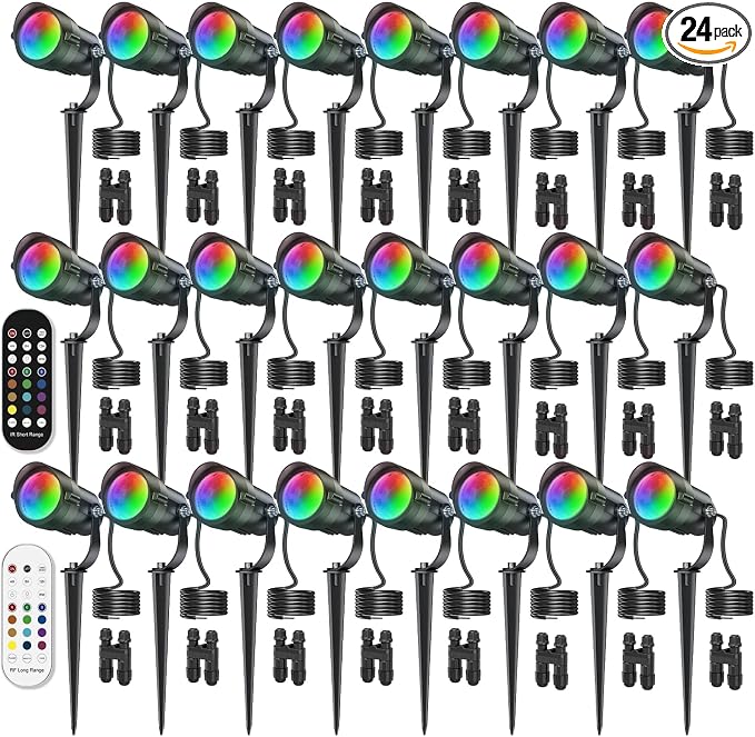HIBOITEC RGBWW Low Voltage Landscape Lighting 24Pack 12W with Remote Connectors Spotlights Landscape Lights 12-24V AC/DC Waterproof for House Yard Trees Outdoor Christmas(Transformers NOT Included)