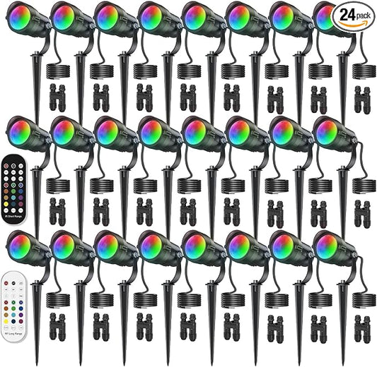 HIBOITEC RGBWW Low Voltage Landscape Lighting 24Pack 12W with Remote Connectors Spotlights Landscape Lights 12-24V AC/DC Waterproof for House Yard Trees Outdoor Christmas(Transformers NOT Included)