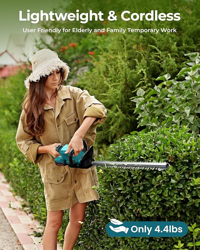 20'' Hedge Trimmer Cordless with Battery, 3000RPM Electric Handheld Bush Clipper with 2pcs 2000mAh Rechargeable Batteries, 180° Rotatable Head, 2/3'' Blade Gap Blue,Gifts for Mother’s Day