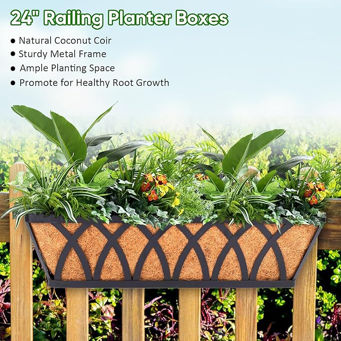 LCHUANG Deck Railing Planter Window Box - 2 Pack 24 Inch Deck Balcony Rail Planter with Coconut Coir Liner, Fence Metal Hanging Flower Planter Basket Deck Railing Planter Boxes for Outdoor Lawn