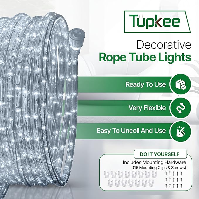 Tupkee LED Rope Light Cool-White - 24 Feet (7.3 m), for Indoor and Outdoor use - 10MM Diameter - 144 LED Long Life Bulbs Decorative Rope Tube Lights - Pack of 2