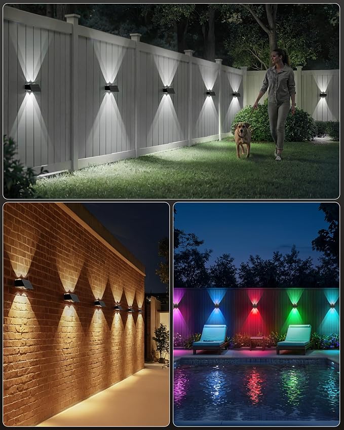 Bridika Solar Fence Lights, 12 Pack Up and Down Solar Lights Outdoor Waterproof, 8 Colors Lens LED Dusk to Dawn Wall Lights for Fence, Patio, Deck, Backyard, Garden