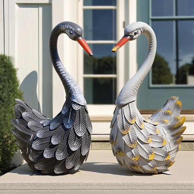 19" Swan Statue Set of 2, Handcrafted Lifelike Metal Swan Sculptures with Ground Stakes, Weatherproof Large Swan Figurines for Garden Patio Yard Decor, Gifts for Women Wedding Housewarming