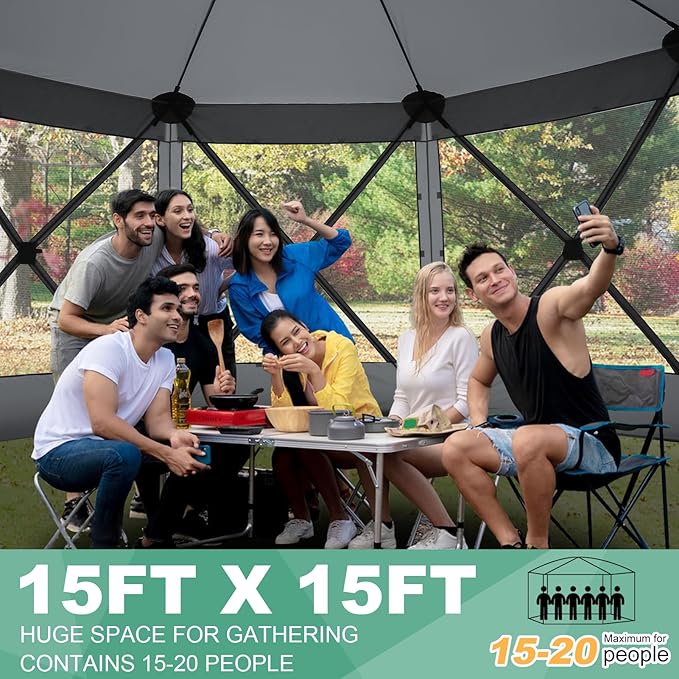 COBIZI 15x15 FT Pop Up Gazebo - Canopy Tent, Large Gazebos On Clearance,Instant Screened in Gazebo,carpas para Patio,Portable Screen Tents for 12-15 Persons Outdoor Camping, Backyard,Gray
