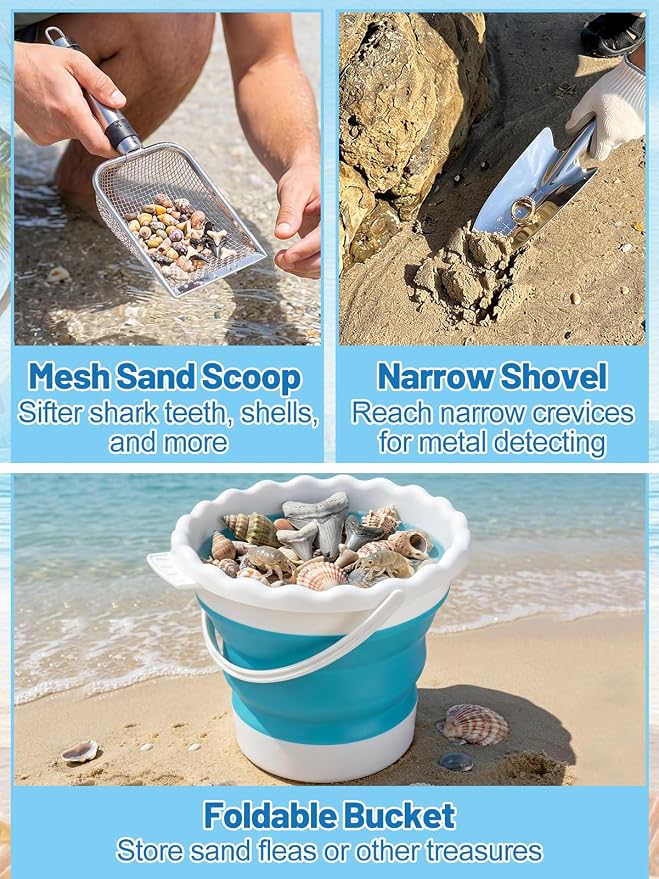 69in Effortless Sand Flea Rake Kit - Anti-Rust Stainless Steel Shark Tooth Sifter with The Narrow Shovel, Mesh Sand Scoop & Bucket, Sands Sifter Shelling Tools for Beach Metal Detecting Beachcombing