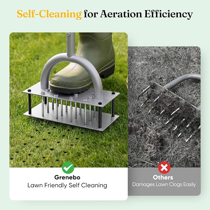 Grenebo Lawn Aerator Manual Aerator Lawn Tool with 16 Spikes, Metal Grass Aerator for Yard, Lawn Aeration, Automatic Soil Ejection, Pre-Assembled Lawn Aerator Tool (Black Gray)