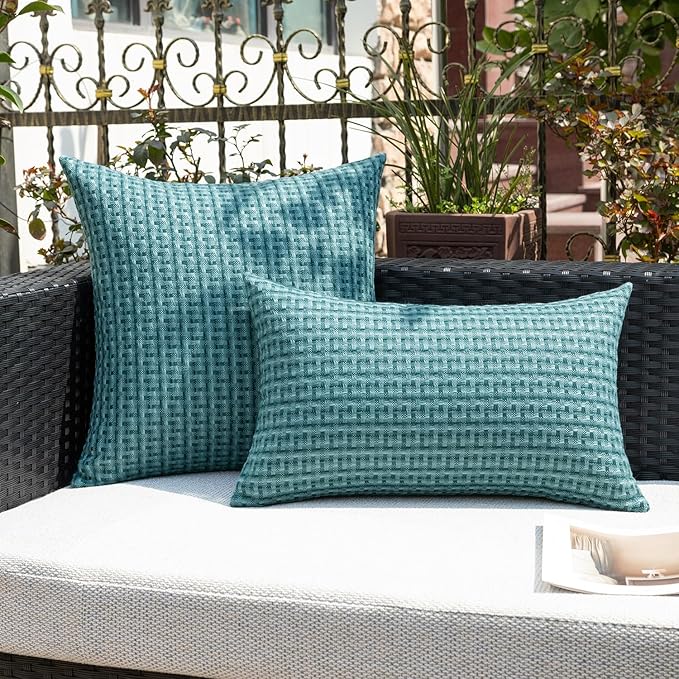 Kevin Textile Outdoor Waterproof Throw Pillow Covers Pack of 2 Farmhouse Decorative Cushion Covers for Garden Patio Tent Balcony Bench Couch Sofa 12x20 Inch, Teal