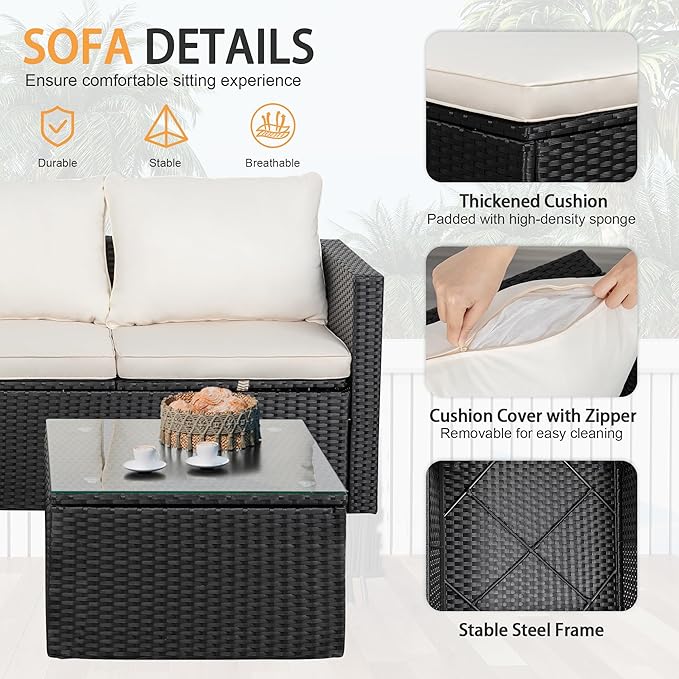 Shintenchi 4 Pieces Patio Furniture Sets, Outdoor Sofa Patio Sectional Sets All Weather, Wicker Rattan Seating Sofa Couch withwith Cushions & Coffee Table for Yard, Garden, Porch, Poolside (Beige)
