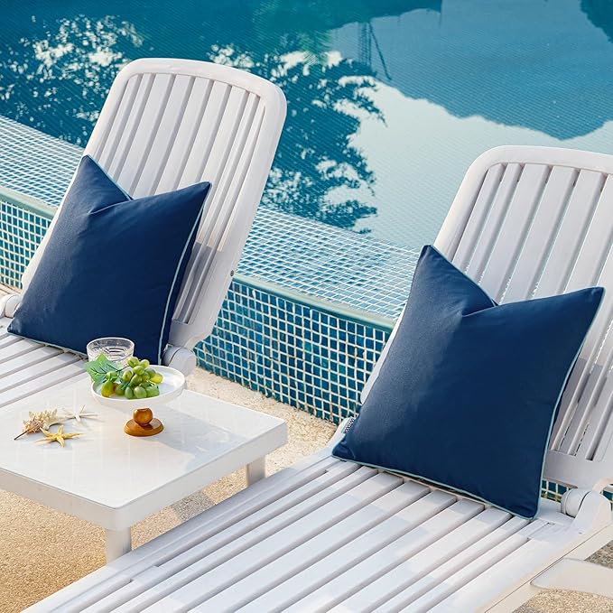 MIULEE Pack of 2 Outdoor Waterproof Throw Pillow Covers Decorative Outdoor Pillowcases Piping Edge Water Resistant Cushion Covers for Patio Garden Couch Chair Tent Balcony, 18x18 Inch Navy Blue