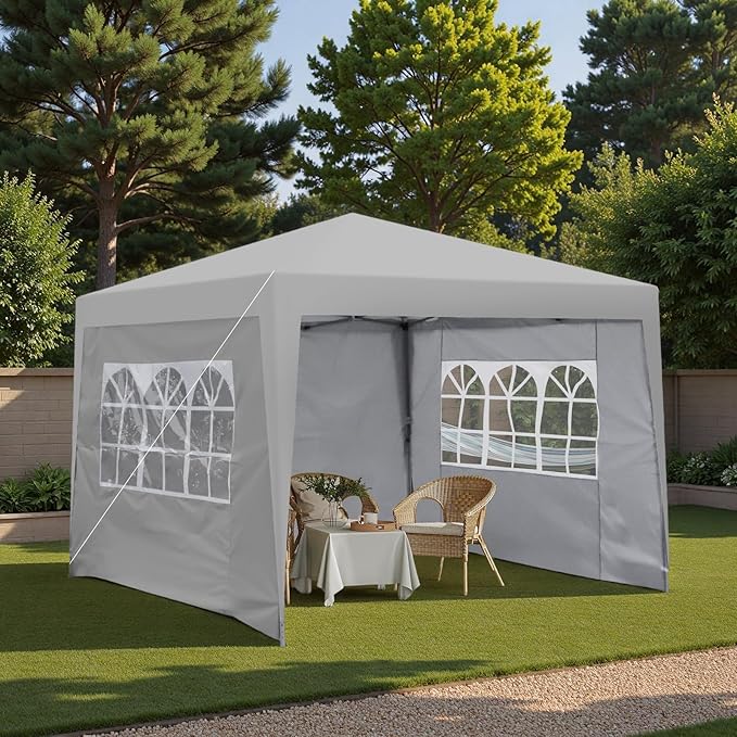 10x10FT Canopy Tent, Outdoor Gazebo Pop up Canopy with 4 Removable Sidewalls & 2 Windows, Patio Camping Shade Canopy with 4 PCS Weight Sand Bag & Carry Bag, Ideal for Parties Events, Grey
