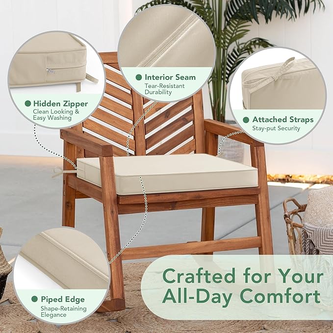 Outdoor Chair Cushions Set of 2: Waterproof & Color Fastness Seat Cushion for Patio Furniture - 22 x 22 x 3 Inch Chair Pads with Ties and Hidden Zipper - Patio Chair Cushion Replacement, Beige