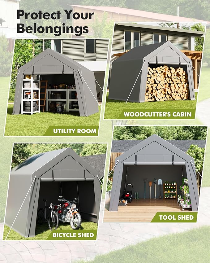 GarveeHome 6 x 6 Ft Carport Storage Shed, Portable Garage with Roll-Up Zipper Door, Heavy Duty Waterproof Tarp, Storage for Motorcycle, Bike, Firewood, Garden Tools, Grey