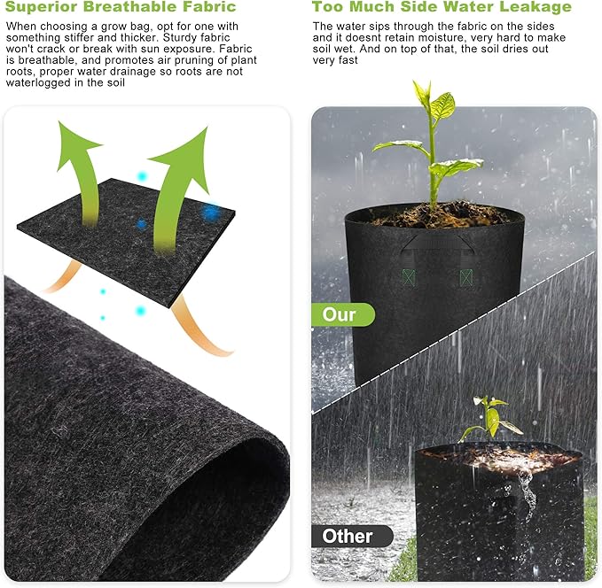 GreenTiger Tall Grow Bags, 6-Pack 10 Gallon Grow Pots with Handles, Improved 320G Thickened Aeration Fabric Deep Plant Growing Bags, Designed for Indoor/Outdoor Vegetables and Flowers, Classic Black