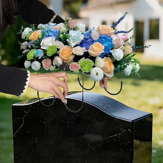 4Packs Headstone Flower Saddles Gravestone Saddle with Floral Foam for Grave Wire Rustproof Galvanized Cemetery Headstones Tombstone Decoration (Black,12’’)