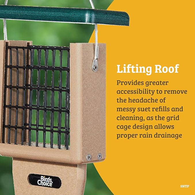 Birds Choice Suet Feeder with Tail Prop, Holds 1 Suet Cake | Hanging Suet Bird Feeder with Roof, Woodpeckers, Jays, Nuthatches | Sturdy for Garden & Backyard | Taupe & Brown, 8"L x 3"W x 12"H