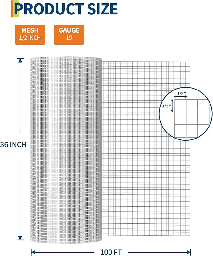 GarveeTech 1/2 in 36 in x 100 ft Hardware Cloth, 19GA Chicken Wire Fencing,Galvanized Welded Wire Mesh Roll for Poultry Netting Cage, Chicken Coop