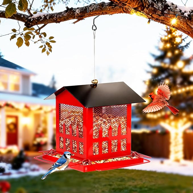 Bird Feeder, Wild Bird Feeders for Outdoors Hanging, Large Bird Feeder with Upgraded Weatherproof Roof for Outside Backyard Garden Decor