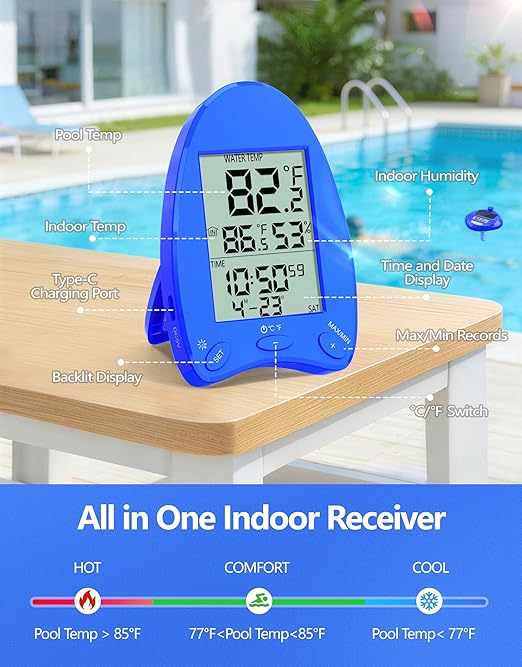 LuxBlue 2026 Solar Pool Thermometer Wireless - 650FT Transmission | Pool Temperature Thermometer with Light Show | Dual Backlit Display for Easy Read | Floating Water Temperature Gauge for Hot Tub,Spa
