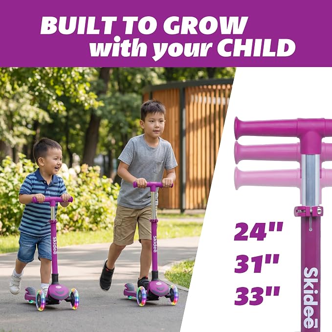 SKIDEE Kick Scooter for Kids Ages 3-5 | Foldable 3 Wheel Scooter with Lean-to-Steer, Adjustable Height, Removable Seat & LED Light Wheels | Toddler Scooter Up to 12 Year Old Boys/Girls