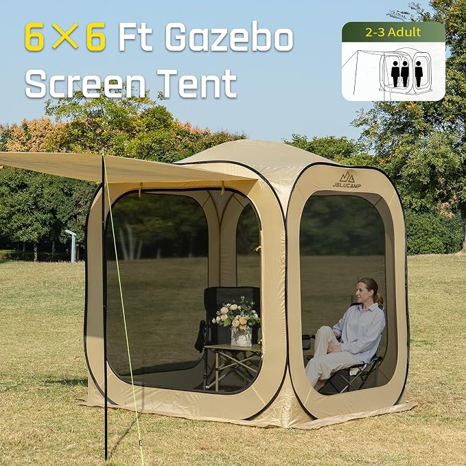 JELUCAMP 6x6 FT Pop Up Screen House Tent - Instant Screened Gazebo Canopy with Mosquito Net, Portable Backyard Tent for 4-6 People, Easy Setup Patio Shelter for Camping, BBQ, Sports & Outdoor