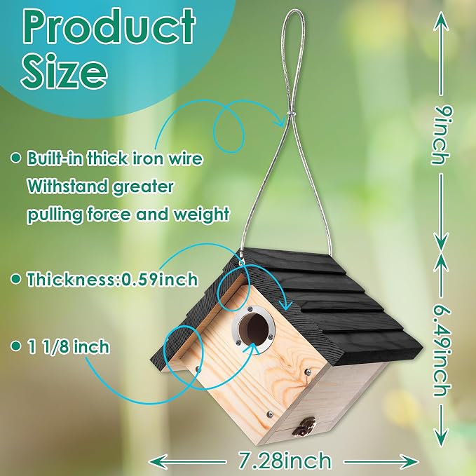 Dreyoo 1 Pack Wren House, 1-1/8'' Entrance Hole Hanging Wooden Wren Bird Houses for Outside with Metal Guard, Air Vents, Pine Wood for Chickadees (Black)