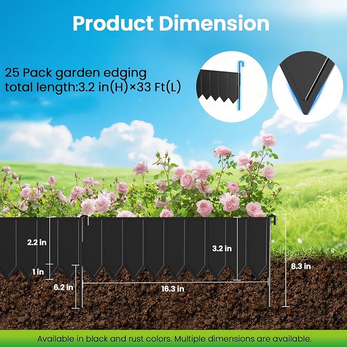 25 Panels Modular Metal Garden Edging 3.2in (H) x 33 ft (L)–Landscape Edging with 26 Stakes, Adjustable 0-270°for Curved Lawn & Flower Bed Borders, No Dig Metal Edging for Landscaping (Black)