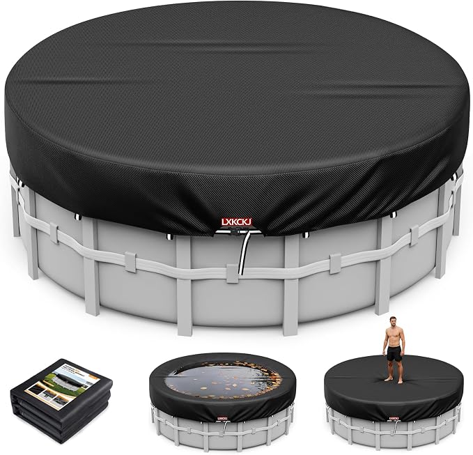 LXKCKJ 24 Ft Pool Cover for Above Ground Pool, Round 420D Solar Oxford Tarp | 100MPH Windproof with 2 Buckles and & Weight Rings, 634N Tear-Resistant, Waterproof 10000PA, UV Protection, Cuts Evaporation