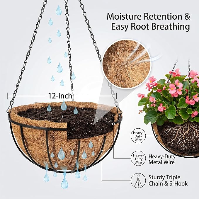 Kingbuy 12" Metal Hanging Basket for Herbs & Flowers – 6" Depth Rust-Resistant Wire with Coconut Liner & Adjustable Chains for Kitchen Window, Balcony & Garden - 1 Pack