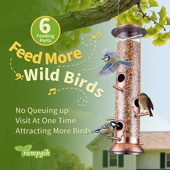 Bird Feeders for Outdoors,13 Inch 6 Ports Squirrel Proof Bird Feefers,Finch Feeder for Outside,Chew-Proof Metal Hanging Bird Feeder,Rust-Proof,Easy to Refill & Clean,Copper,Pack of 1