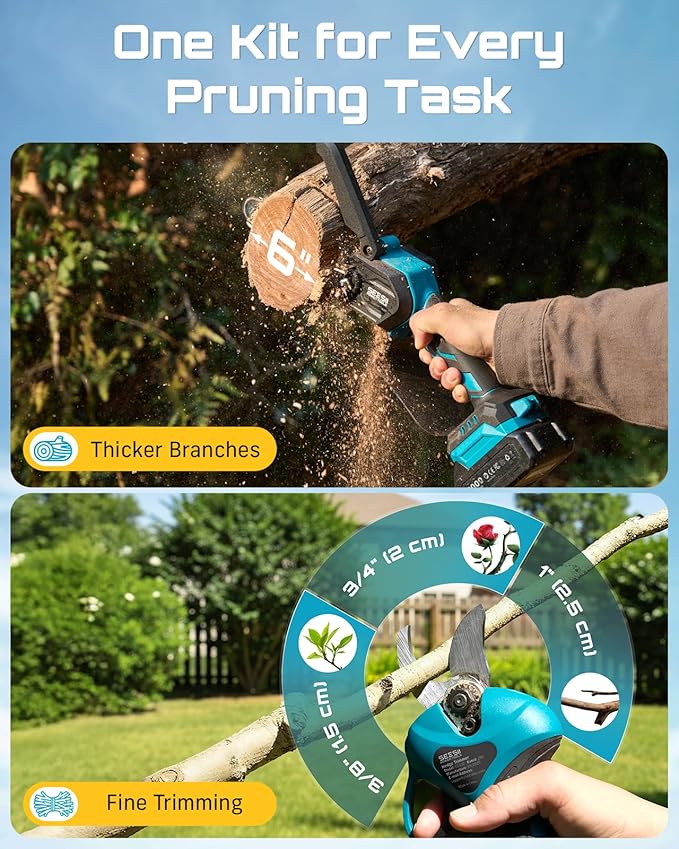 SEESII Mini Chainsaw & Electric Pruning Shears Combo, 6-inch Brushless Handheld Power Chain Saw, 1.2” Cutting Cordless Pruner for Tree Trimming, Tools Kit with 2x2000mAh Batteries, Fast Charger