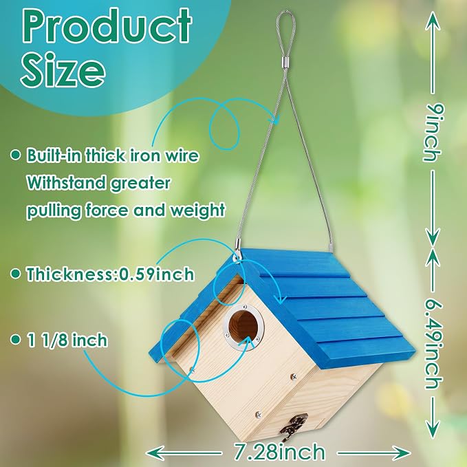 Dreyoo 2 Pack Wren House, 1-1/8'' Entrance Hole Hanging Wooden Wren Bird Houses for Outside with Metal Guard, Air Vents, Pine Wood for Chickadees (Blue,Wood Color)