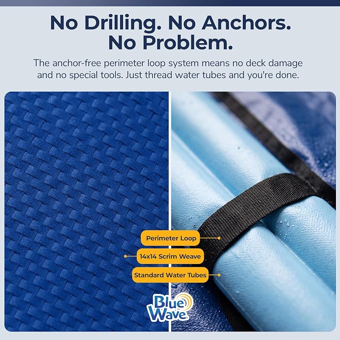 Blue Wave Gold 15-Year 20-ft x 44-ft Rectangular In Ground Pool Winter Cover | Solid polyethylene, black underside, heat-sealed seams, grommets, cable, winch, 5-ft overlap, 15-yr support, blocks debris