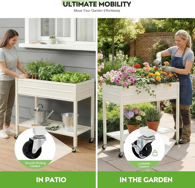 32" Tall Galvanized Raised Garden Bed with Legs Wheels & Shelf, Elevated Planter Box Outdoor for Vegetables, Herbs & Flowers, Patio & Backyard, Garden Bed with 400lb Capacity，White