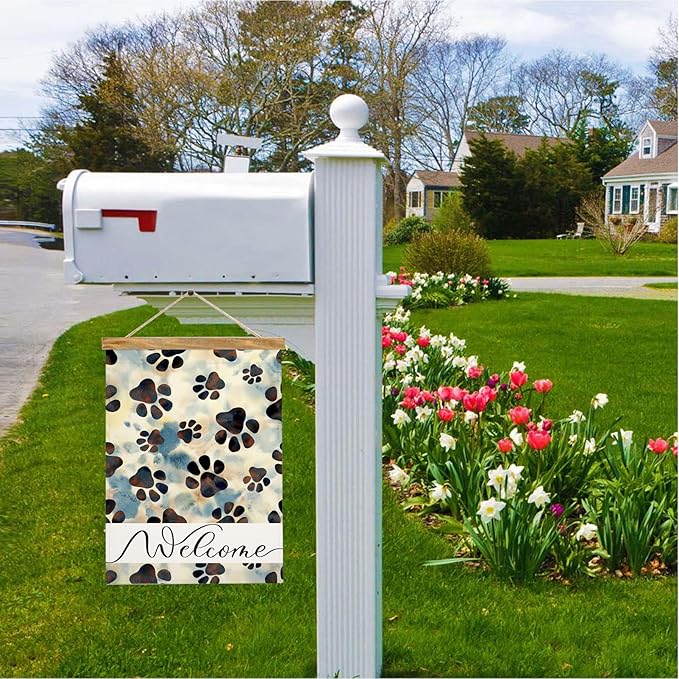 Mugod Paw Print Garden Flags 12.5x18 Inch Double Sided Puppy Dog Black and White Paws Yard Flag Small Outdoor Flag for Home Villa Outside Decor