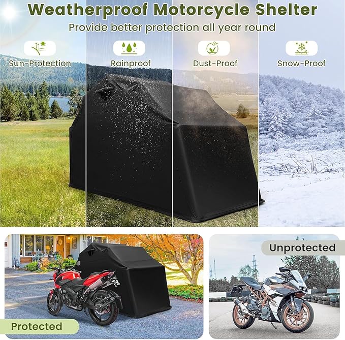 ERGOMASTER Motorcycle Shed, 136" x 54" x 75" Heavy Duty Waterproof Motorcycle Garage with 600D Oxford Fabric, Roll-up Mesh Windows Shed