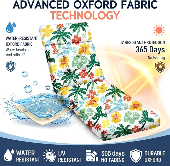 MAGIC ELEPHANT Chaise Lounge Cushion Outdoor, Memory Foam Patio Lounge Chair Cushion with Ties for Outdoor Furniture, 74 x 22 x 4 Inch (Hawaiian Palm Floral)