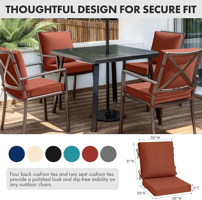 MIULEE Burnt Orange Outdoor Dining Cushion 20x20 Inch Waterproof & 3 Year Color Fastness Deep Seat and Back Cushion for Patio Furniture Chair with Ties