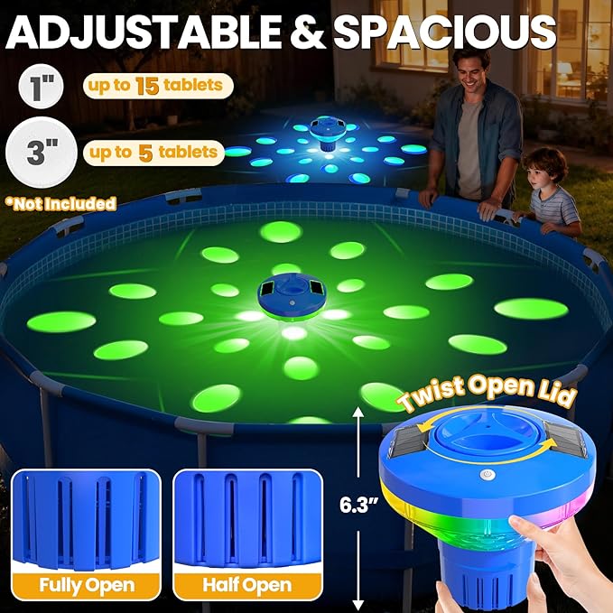 AquClor 2026 New Pool Chlorine Floater,Large Capacity Chlorine Floaters for 5 * 3'' Chlorine Tabs,Solar Chlorine Floater w/Light,Adjustable Floating Chlorine Dispenser for Pool,Hot Tub,Blue