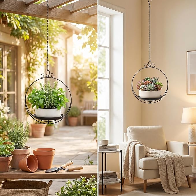 Hanging Planters for Indoor Plants, 2 Pack Metal Wall Ceiling Window Plant Hangers Kit with Trays and Chains for Succulents Pothos Herbs Balcony Patio Living Room