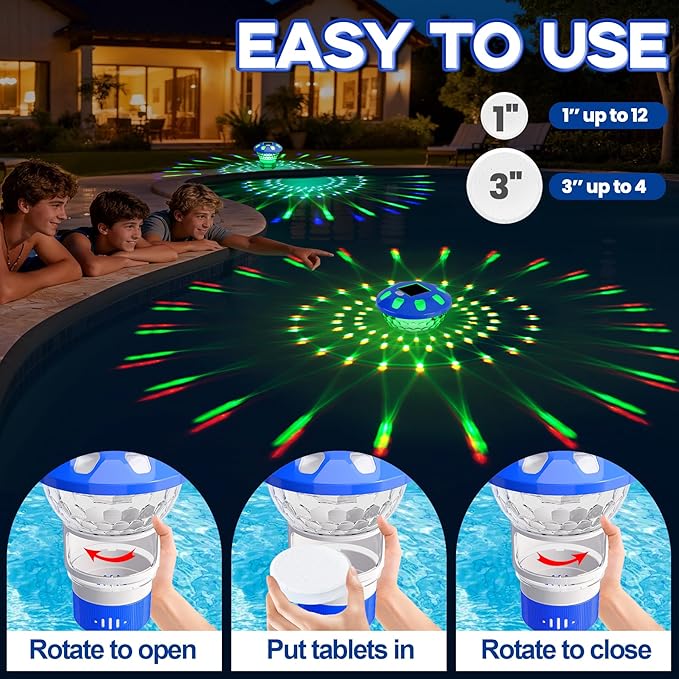 AquClor Chlorine Floater with Light,Pool Chlorine Floater with Adjustable Flow,Solar Chlorine Floater w/Large Capacity,Collapsible Floating Chlorine Dispenser for Pool,Hot Tub Chlorine Floater,Blue