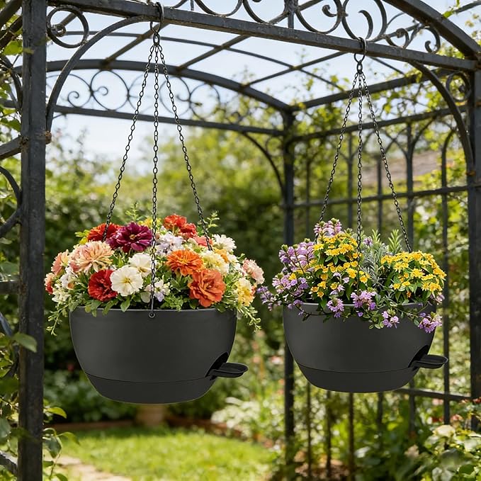 12" Self Watering Hanging Planters with Chains, Black, 2 Pack | 43 Oz removable self-watering reservoir, for indoor/outdoor plants, patio & garden