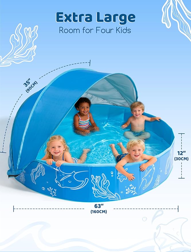 Hikiddy Foldable Kiddie Pool with Canopy: 31.5in/ 47in /63in for Baby Toddler Kids Family - Summer Water Play Pool with Shade - Portable for Outdoor Backyard Beach (Blue-Blue, 63in)