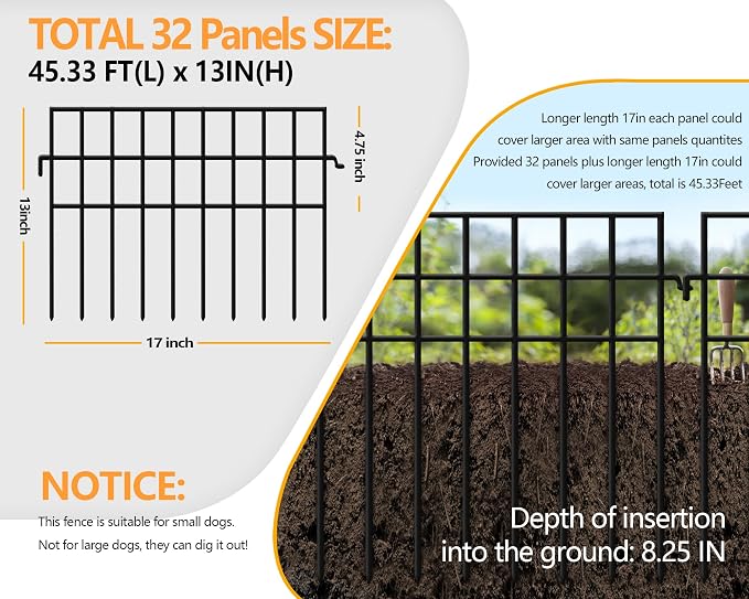 45.33ft(L) X 13in(H) Animal Barrier Fence No Dig, 32 Panels Rabbit Fences for Garden, Dog Digging Ground Defense Border Small Metal Fencing Under Barriers Blocker, Flower Bed, Patio