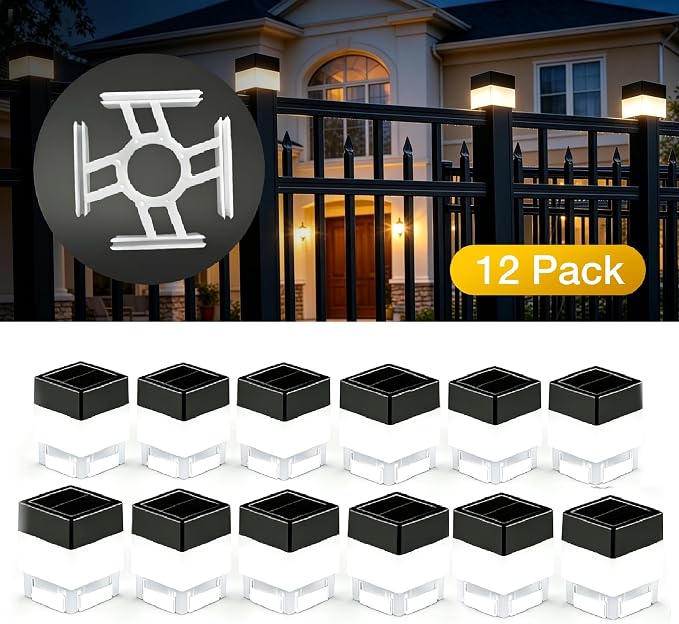 Fence Lights Solar Powered Solar LED Fence Post Cap 2In x 2In(5cm x 5cm) for Wrought Iron, Aluminum, Garden & Outdoor (White Light, 12)