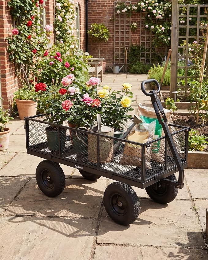 Garvee Versatile Outdoor Utility Cart-1000LBS Heavy-Duty, 13" All-Terrain Pneumatic Tires, Vehicle-Connectable, Easy Maneuverable Lawn Cart with Removable Mesh Panels for Gardening & Landscaping,Black