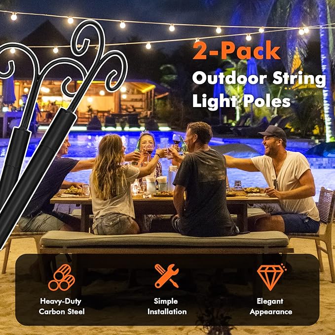 Goplus String Light Pole for Outside, 2 Pack 10ft Outdoor Metal Poles with Hooks for Hanging String Lights, Heavy Duty Garden, Backyard, Patio Light Poles Stand for Deck, Parties, Wedding