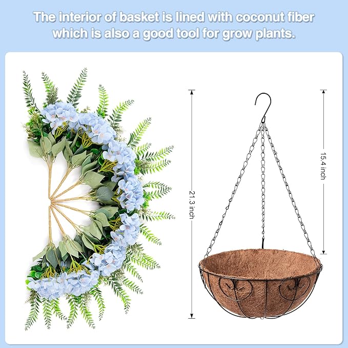 Ammyoo Artificial Hanging Hydrangea Flowers with Basket for Outdoor Spring Decoration, Fake Silk Hydrangea Flower Outdoor Indoor Arrangements, Fake Hanging Plants for Balcony Garden Yard Decor(Blue)