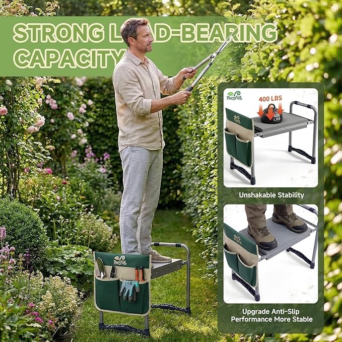 2-in-1 Garden Kneeler and WorkSeats Heavy Duty, Foldable Garden Bench with Wider & Thicker EVA Pad, Portable Gardening Stool with Exclusive Tool Handbag & Color Box, Garden Gifts for Senior